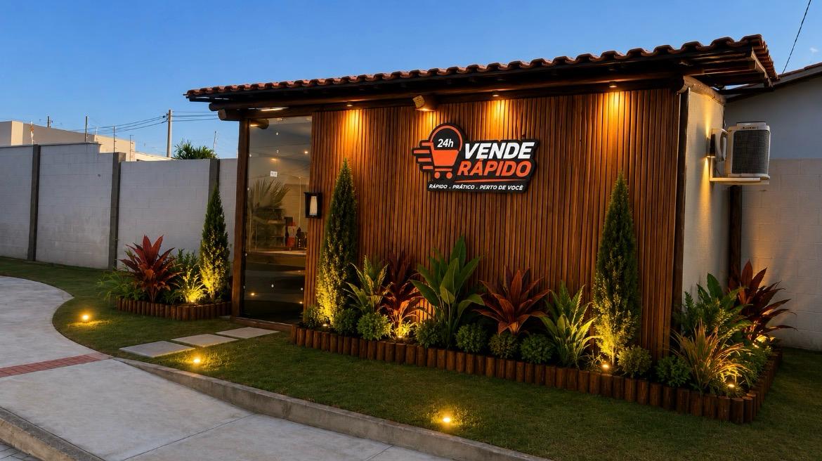 Vende Rápido em unidade externa com iluminação e paisagismo