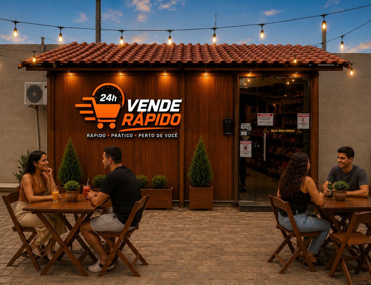 Loja Vende Rápido com mesas e clientes na área de convivência