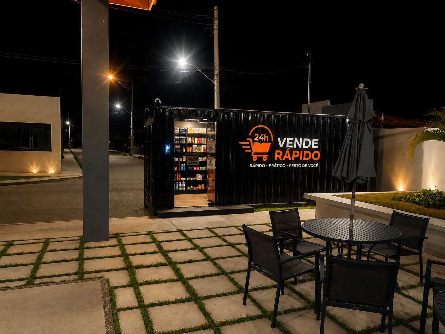Vende Rápido em container moderno com área de descanso