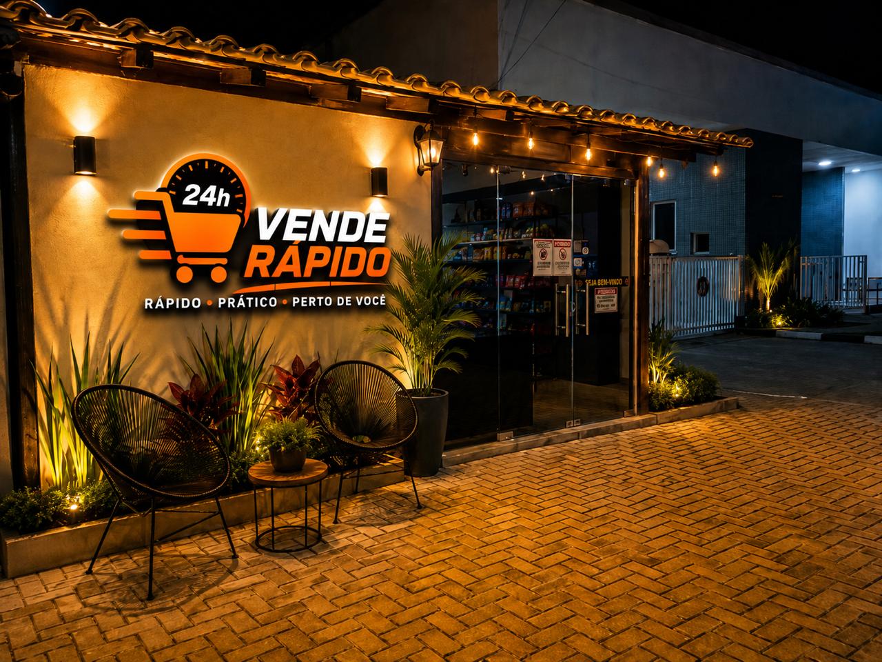Loja Vende Rápido iluminada à noite com fachada acolhedora